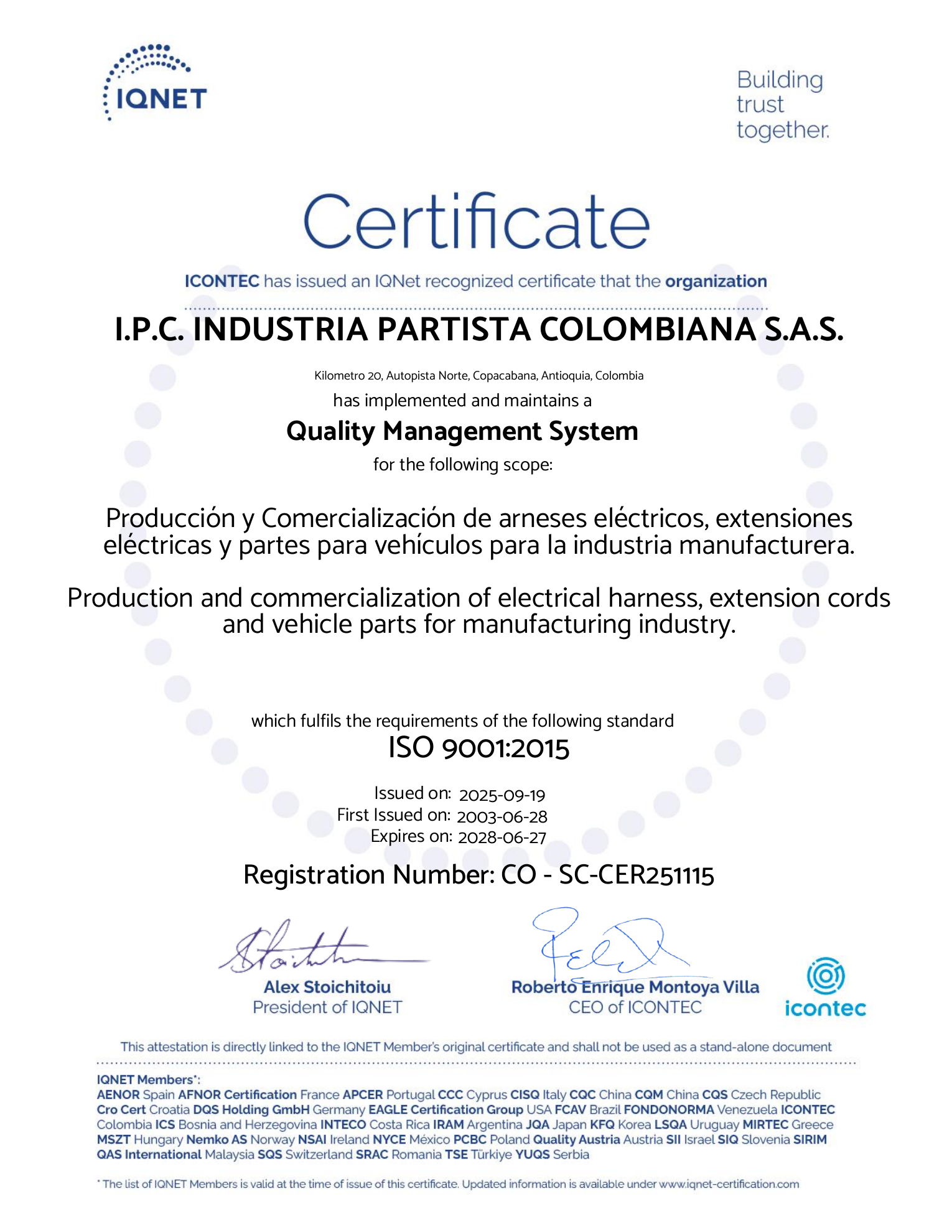 Certificado IQNET ISO 9001:2015